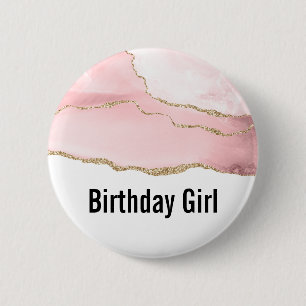 Pink Blush Agate with Gold Ribbon Birthday Girl 2 Inch Round Button