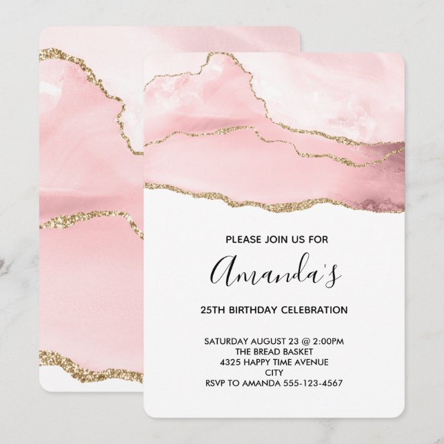 Pink Blush Agate with Gold Ribbon Elegant Birthday Invitation (Front/Back)
