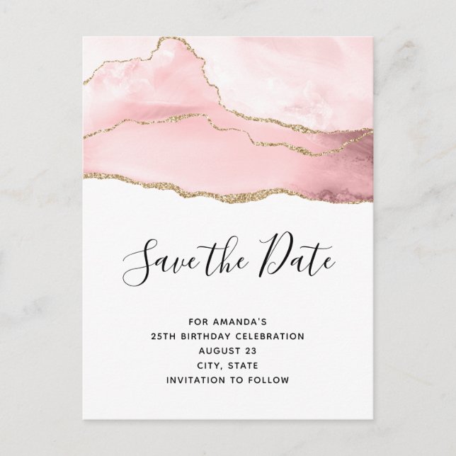 Pink Blush Agate with Gold Ribbon Elegant Birthday Invitation Postcard (Front)