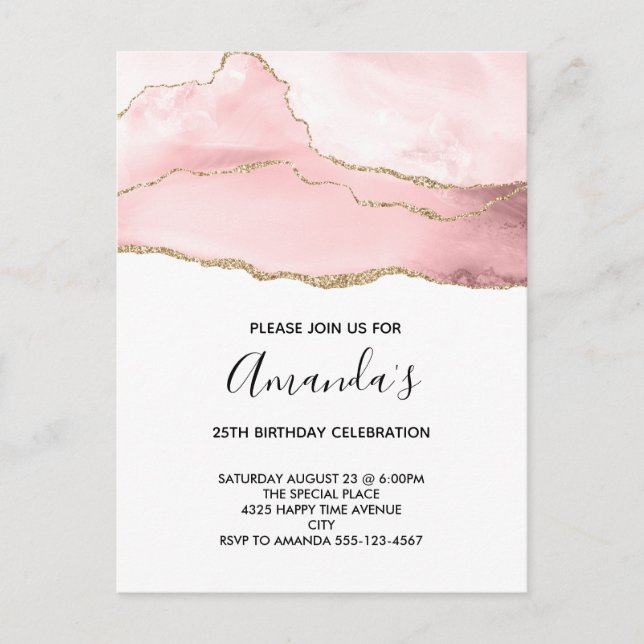 Pink Blush Agate with Gold Ribbon Elegant Birthday Invitation Postcard (Front)