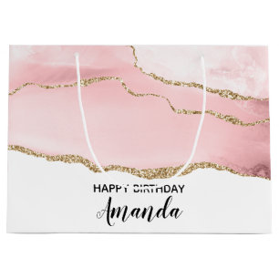 Pink Blush Agate with Gold Ribbon Elegant Birthday Large Gift Bag