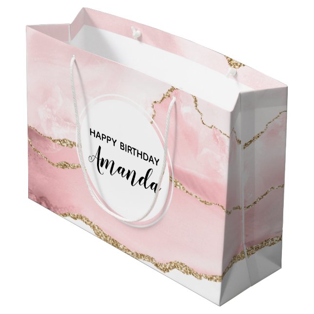 Pink Blush Agate with Gold Ribbon Elegant Birthday Large Gift Bag (Back Angled)