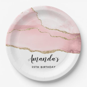 Pink Blush Agate with Gold Ribbon Elegant Birthday Paper Plate