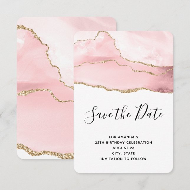 Pink Blush Agate with Gold Ribbon Elegant Birthday Save The Date (Front/Back)
