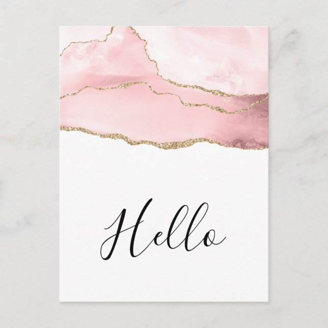 Pink Blush Agate with Gold Ribbon Elegant Hello Postcard (Front)