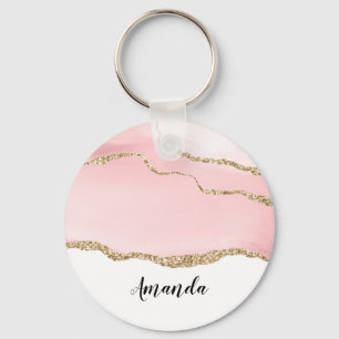Pink Blush Agate with Gold Ribbon Elegant Keychain
