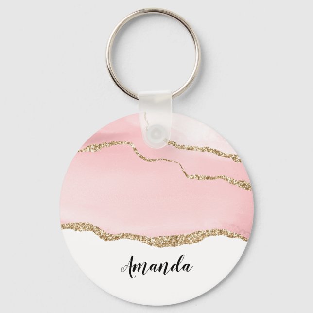 Pink Blush Agate with Gold Ribbon Elegant Keychain (Front)