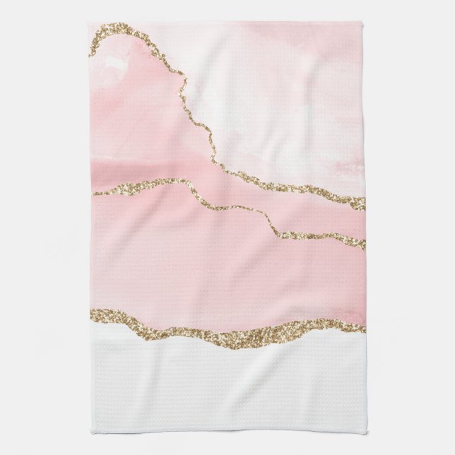 Pink Blush Agate with Gold Ribbon Elegant Kitchen Towel (Vertical)