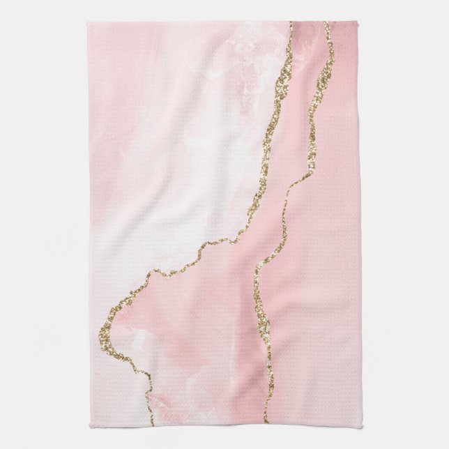Pink Blush Agate with Gold Ribbon Elegant Kitchen Towel (Vertical)