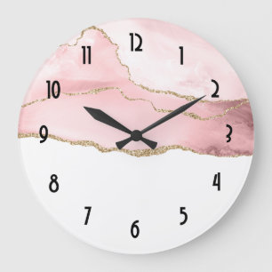 Pink Blush Agate with Gold Ribbon Elegant Large Clock