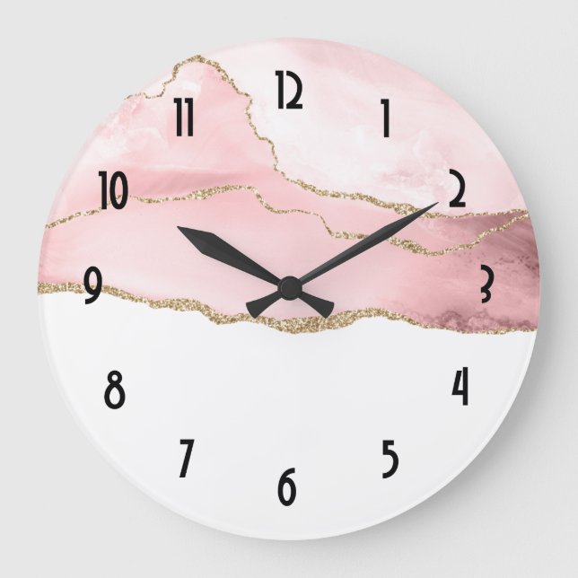 Pink Blush Agate with Gold Ribbon Elegant Large Clock (Front)