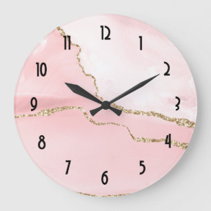 Pink Blush Agate with Gold Ribbon Elegant Large Clock