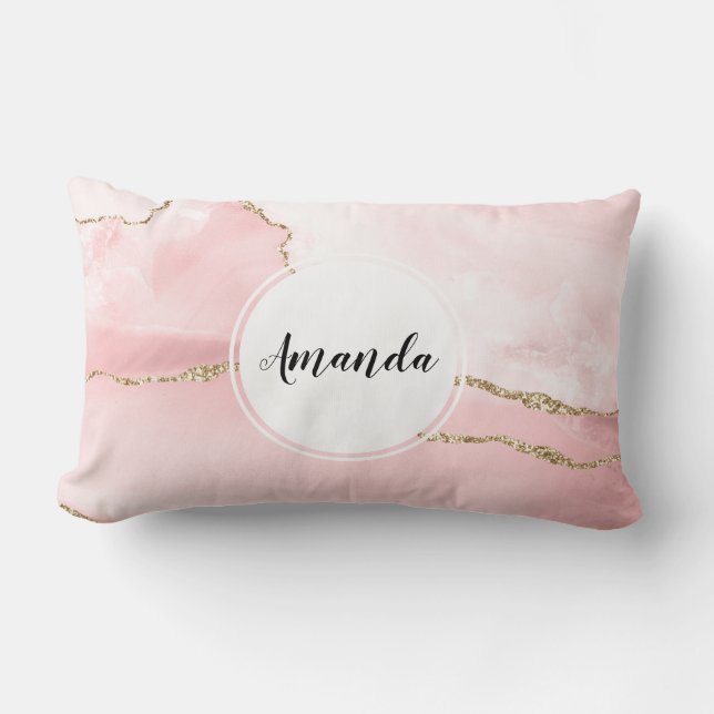 Pink Blush Agate with Gold Ribbon Elegant Lumbar Pillow (Front)