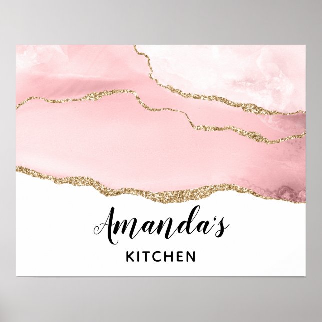 Pink Blush Agate with Gold Ribbon Elegant Poster (Front)