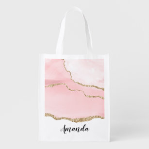Pink Blush Agate with Gold Ribbon Elegant Reusable Grocery Bag