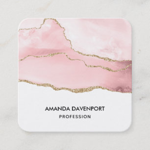 Pink Blush Agate with Gold Ribbon Elegant Square Business Card
