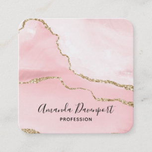 Pink Blush Agate with Gold Ribbon Elegant Square Business Card