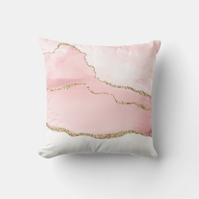 Pink Blush Agate with Gold Ribbon Elegant Throw Pillow (Front)