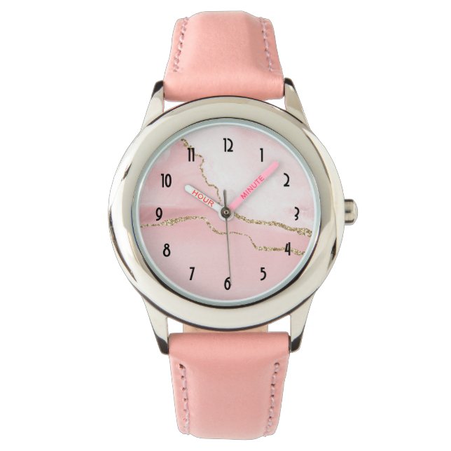 Pink Blush Agate with Gold Ribbon Elegant Watch (Front)