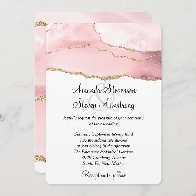 Pink Blush Agate with Gold Ribbon Elegant Wedding Invitation (Front/Back)