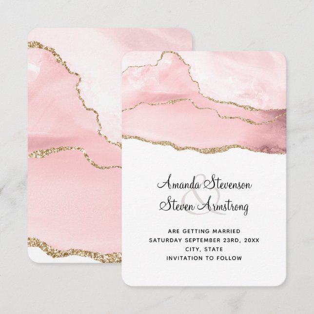 Pink Blush Agate with Gold Ribbon Elegant Wedding Save The Date (Front/Back)