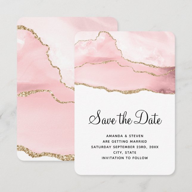 Pink Blush Agate with Gold Ribbon Elegant Wedding Save The Date (Front/Back)