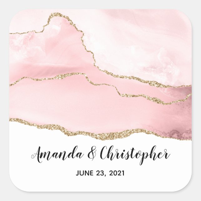 Pink Blush Agate with Gold Ribbon Elegant Wedding Square Sticker (Front)