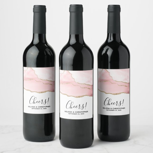 Pink Blush Agate with Gold Ribbon Elegant Wedding Wine Label (Bottles)