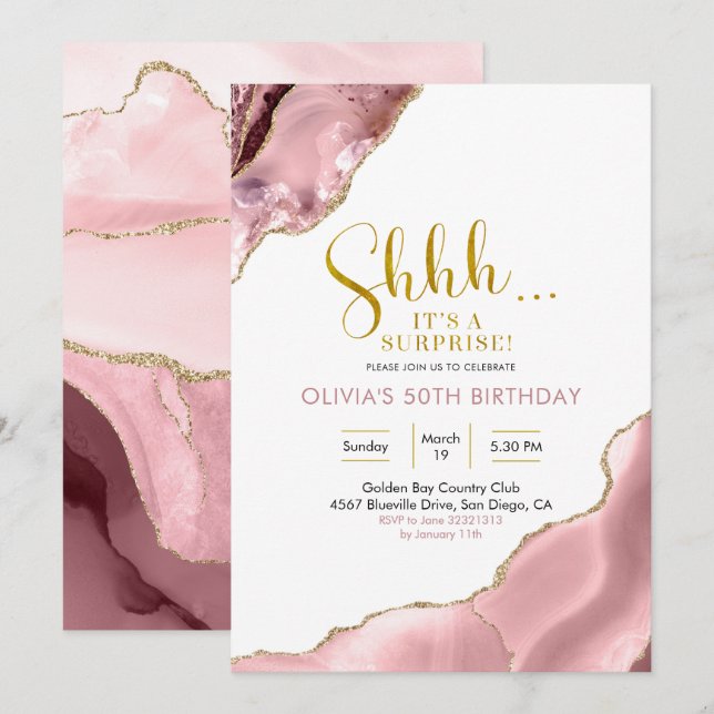 Pink Blush and Gold Agate Surprise Birthday Invita Invitation (Front/Back)