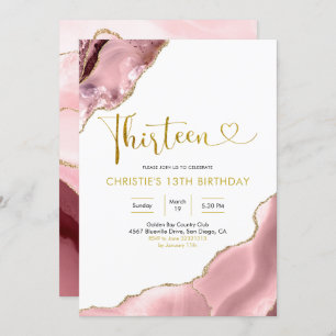 Pink Blush and Gold Agate Thirteen Birthday Invita Invitation
