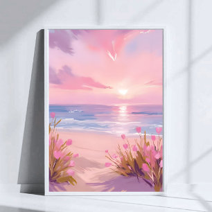Pink Blush Beach Sunset Pastel Watercolor Poster