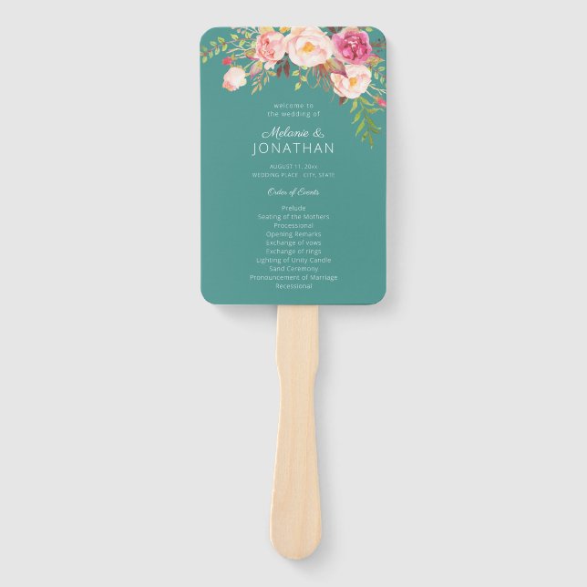 Pink Blush Bloom Floral Wedding Program Turquoise Hand Fan (Front)