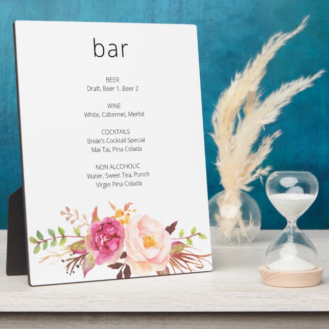 Pink Blush Blooming Floral Bar Sign Easel Plaque (Side)