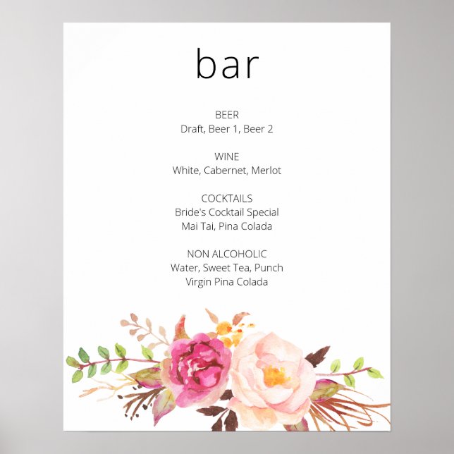 Pink Blush Blooming Floral Bar Sign - White (Front)
