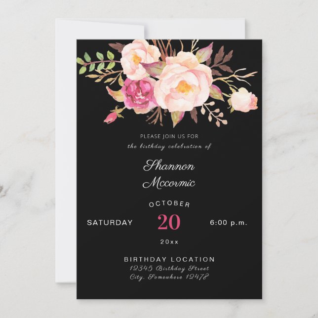 Pink Blush Blooming Floral Birthday - Black Invitation (Front)