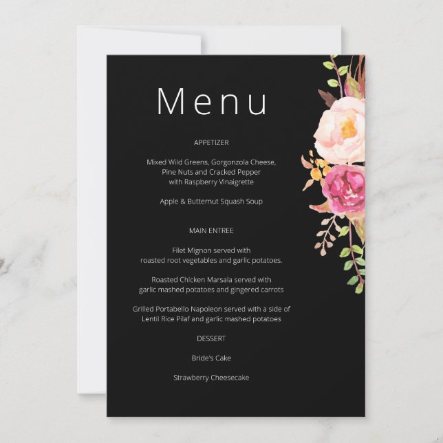 Pink Blush Blooming Floral Menu - Black Invitation (Front)
