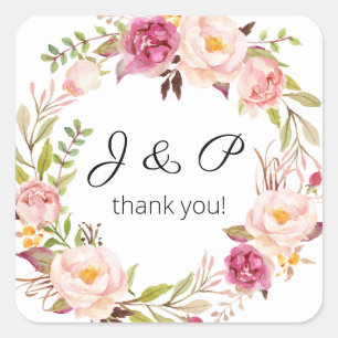 Pink Blush Blooming Floral Monogram - White Square Sticker