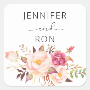 Pink Blush Blooming Floral Name - White Square Sticker