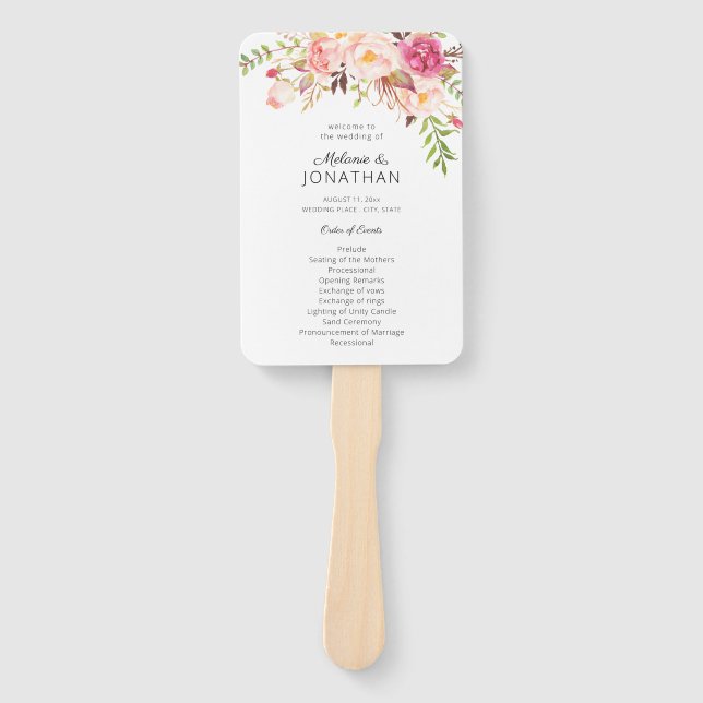 Pink Blush Blooming Floral Wedding Program Hand Fan (Front)