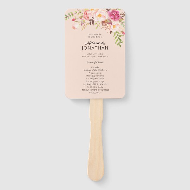 Pink Blush Blooming Floral Wedding Program Pink Hand Fan (Front)