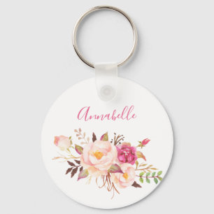Pink Blush Blooming Floral - White Keychain