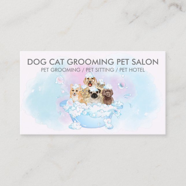 Pink Blush Blue Dogs cats spa Pet Groomer Business Card (Front)