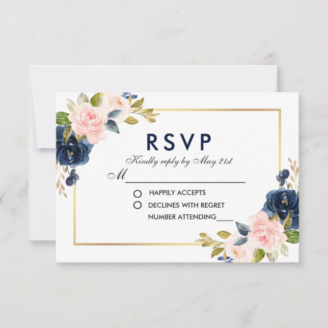 Pink Blush Blue Floral Wedding RSVP (Front)