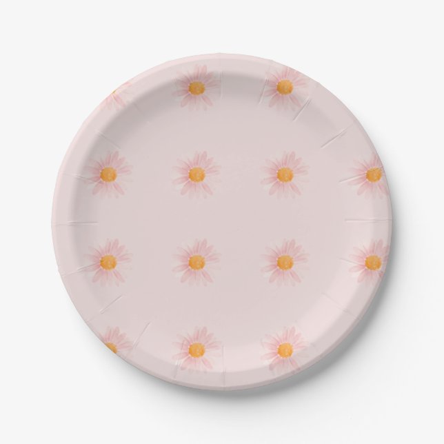 Pink Blush Boho Daisy Birthday Party  Paper Plate (Front)