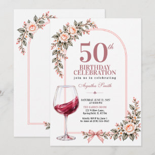 Pink Blush Boho Floral Wine Glass 50th Birthday Invitation