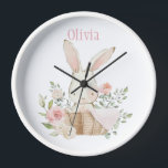 Pink Blush Bunny Rabbit Name Nursery Clock<br><div class="desc">Cute and sweet pink watercolor bunny rabbit with floral accents all around in a wicker basket. Add your choice of name. Adorable. 100% customer satisfaction with Zazzle every day.</div>