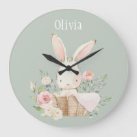 Pink Blush Bunny Sage Green Name Nursery Clock