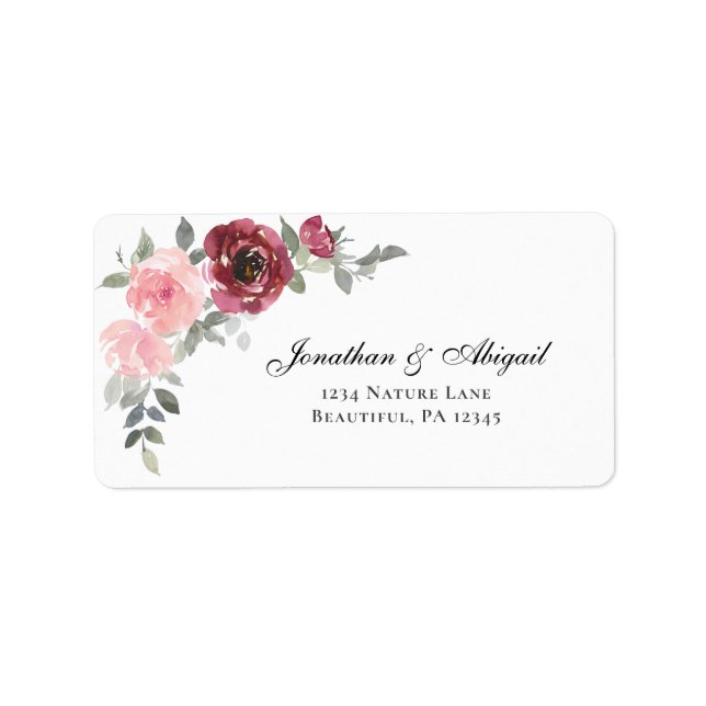 Pink Blush Burgundy Floral Watercolor Wedding Label (Front)