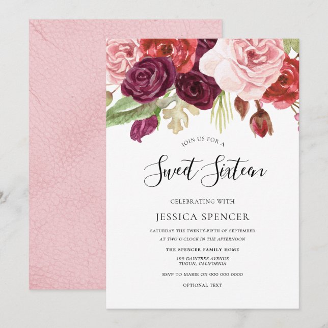 Pink Blush & Burgundy Flowers Sweet 16 Invite (Front/Back)