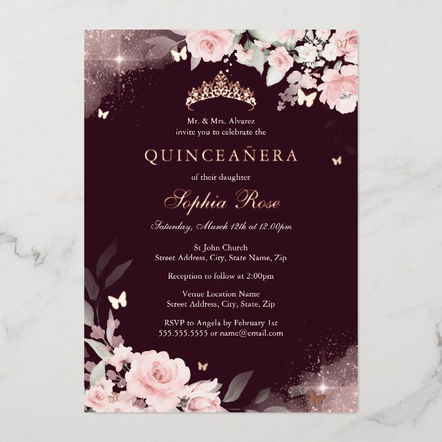 Pink Blush Burgundy Rose Butterfly Quinceanera (Front)